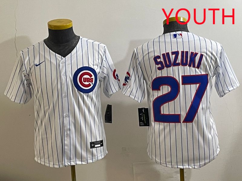 Youth 2025 Chicago Cubs #27 Suzuki White Stripe Game Nike MLB Jersey style 1